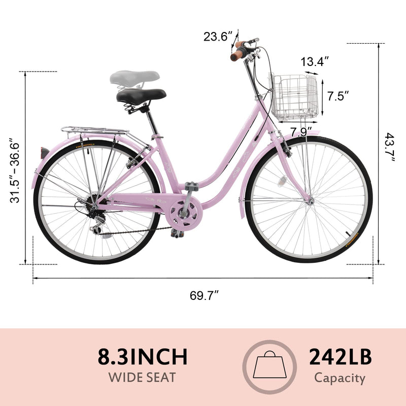 Load image into Gallery viewer, 26" Commuter Bike Women 7 Speeds Beach Cruiser Bike