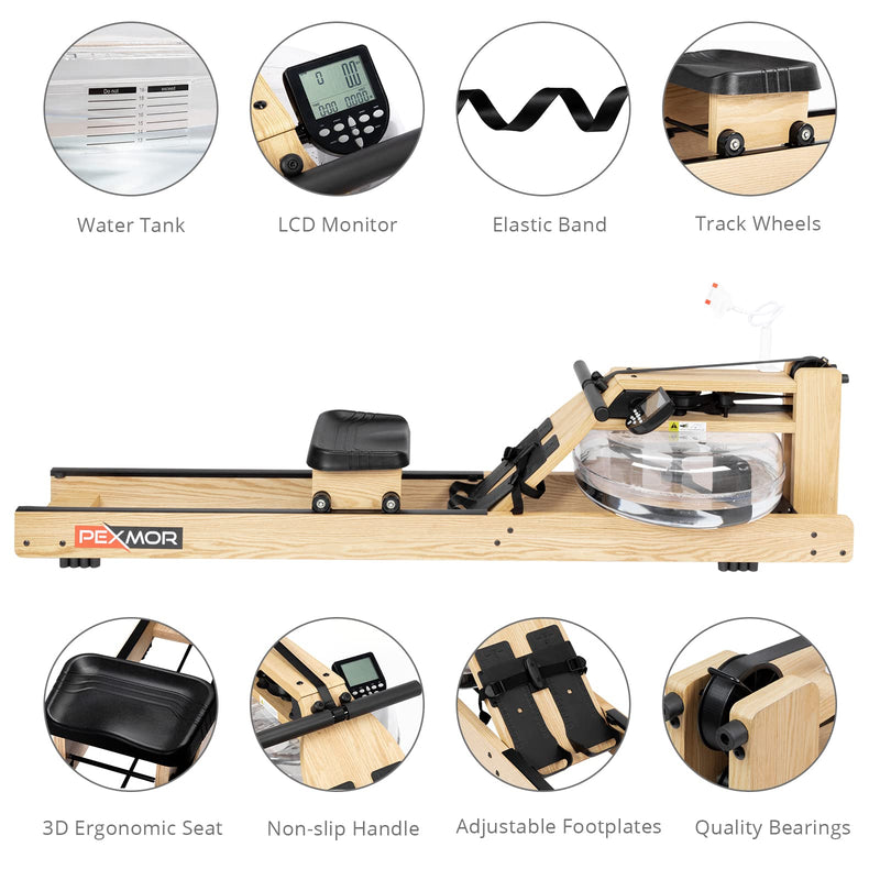 Load image into Gallery viewer, PEXMOR Oak Wood Water Rowing Machine with LCD Monitor