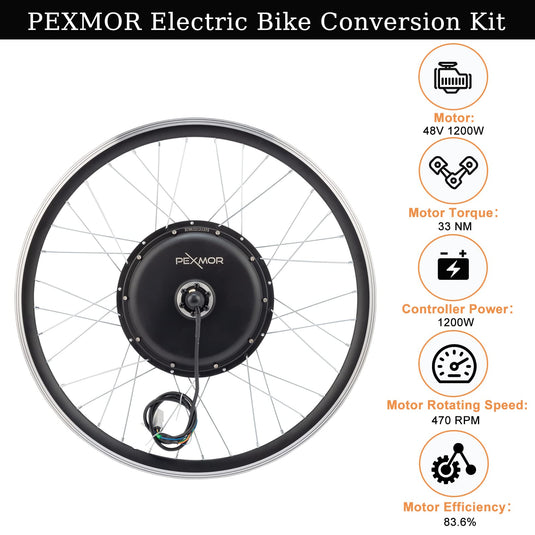 PEXMOR 26" Electric Bike Conversion Kit Wheel Ebike Hub Motor Kit Upgrade 3 Mode Controller Wheel Kit