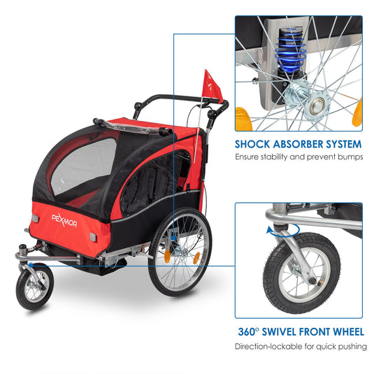 PEXMOR 2 Seat Kids Bike Trailer & Stroller Three-Wheel Bike Trailer Red/Black