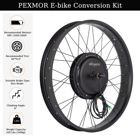 PEXMOR 26" Electric Bike Conversion Kit Fat Front Wheel  Ebike Hub Motor Kit Upgrade 3 Mode Controller Wheel Kit