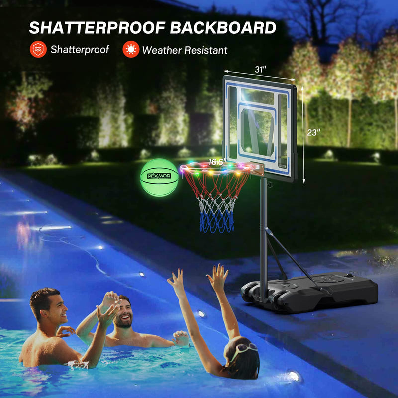 Load image into Gallery viewer, PEXMOR Poolside Basketball Hoop with Light 3.8-4.5 FT Height Adjustable Portable Basketball Goal w/Two Size 5 Glowing Balls &amp; Pump
