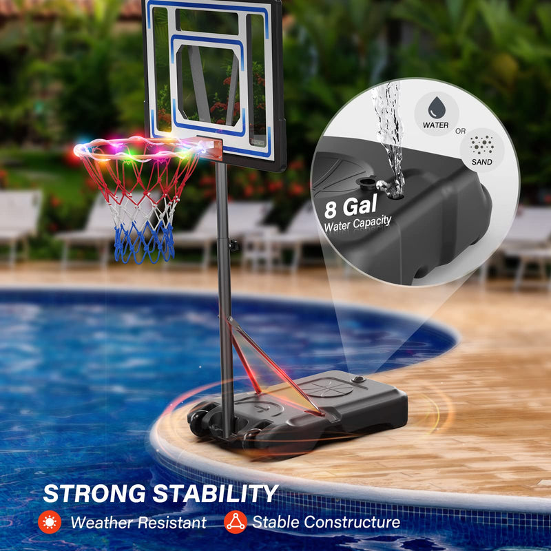 Load image into Gallery viewer, PEXMOR Poolside Basketball Hoop with Light 3.8-4.5 FT Height Adjustable Portable Basketball Goal w/Two Size 5 Glowing Balls &amp; Pump
