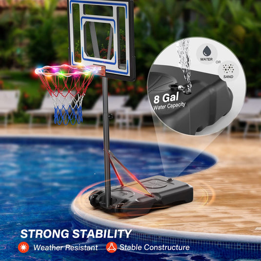 PEXMOR Poolside Basketball Hoop with Light 3.8-4.5 FT Height Adjustable Portable Basketball Goal w/Two Size 5 Glowing Balls & Pump