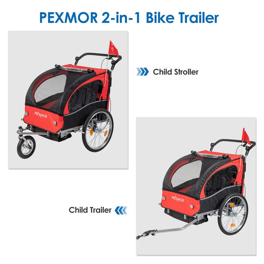 PEXMOR 2 Seat Kids Bike Trailer & Stroller Three-Wheel Bike Trailer Red/Black