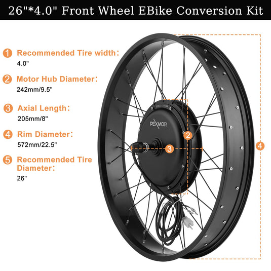 PEXMOR 26" Electric Bike Conversion Kit Fat Front Wheel  Ebike Hub Motor Kit Upgrade 3 Mode Controller Wheel Kit