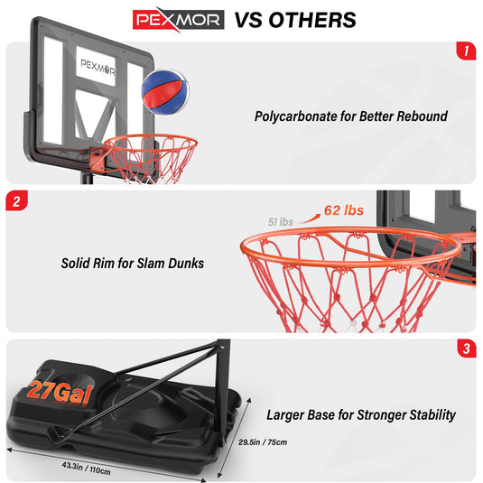 PEXMOR 44 Inch Basketball Hoop Outdoor 10 ft Adjustable