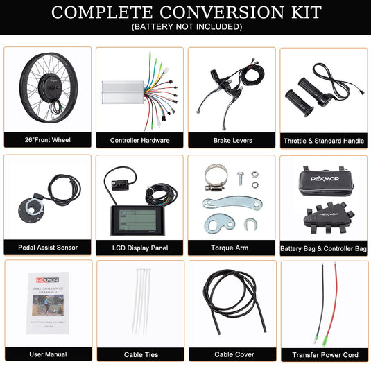 PEXMOR 26" Electric Bike Conversion Kit Fat Front Wheel  Ebike Hub Motor Kit Upgrade 3 Mode Controller Wheel Kit