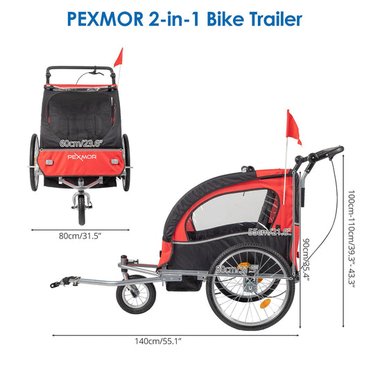 PEXMOR 2 Seat Kids Bike Trailer & Stroller Three-Wheel Bike Trailer Red/Black