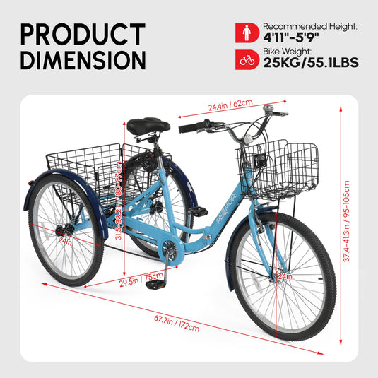 PEXMOR Folding 24" Adult Tricycle 7 Speed Adult Trike