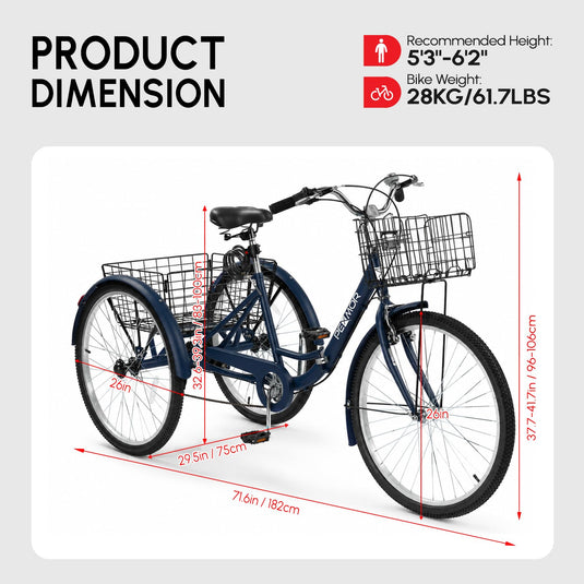 PEXMOR Folding 26" Adult Tricycle 7 Speed Adult Trike