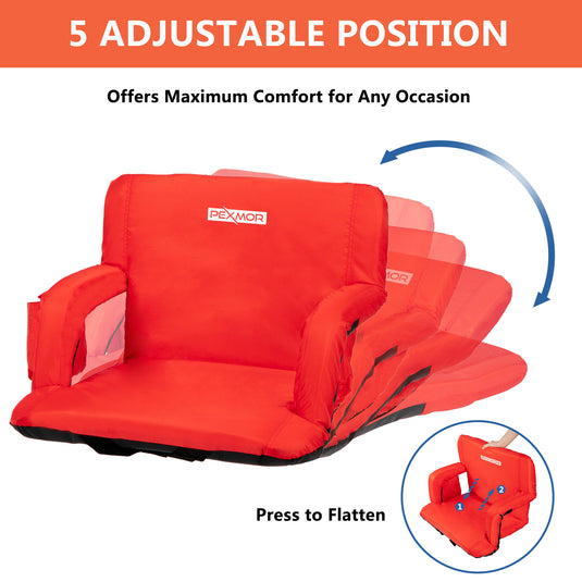 PEXMOR Wide 24.5'' Stadium Seats for Bleachers with Back Support & Carrying Bag, Reclining Chair with Two Pockets for Drinks, Portable Padded Shoulder Straps, Armrests, Waterproof Anti-Slip Bottom