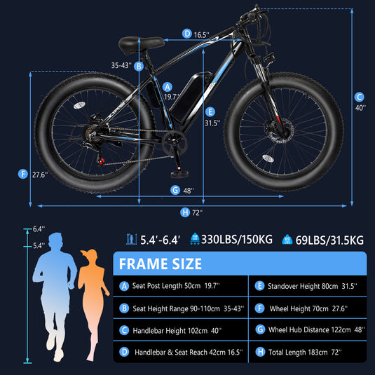 PEXMOR 26"x4" 7 Speed Fat Tire Ebike Electric Bicycle 500W 48V 13AH Removable Battery