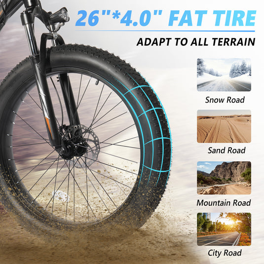 PEXMOR 26"x4" 7 Speed Fat Tire Ebike Electric Bicycle 500W 48V 13AH Removable Battery