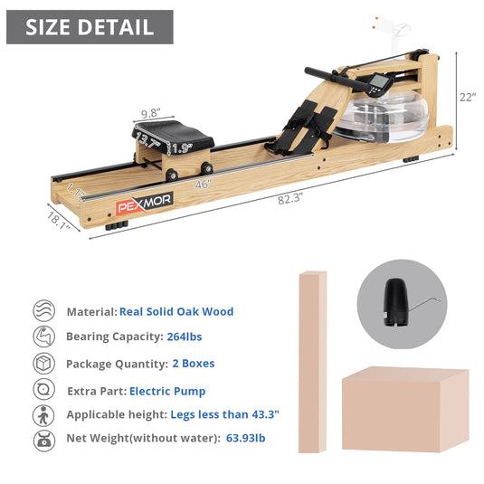 PEXMOR Oak Wood Water Rowing Machine with LCD Monitor