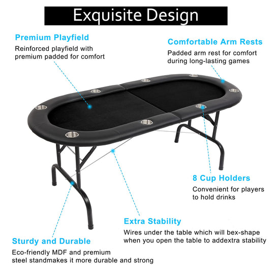 PEXMOR 8 Player Folding Play Poker Table with Stainless Steel Cup Holder Black/Blue