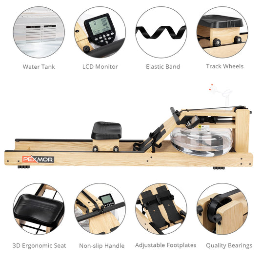 PEXMOR Oak Wood Water Rowing Machine with LCD Monitor